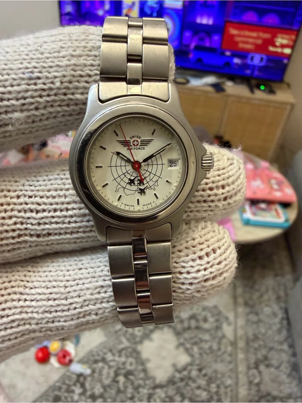 Vintage Swiss Air Force Ladies Pilot Watch Fighter Jets Radar Dial Quartz Steel